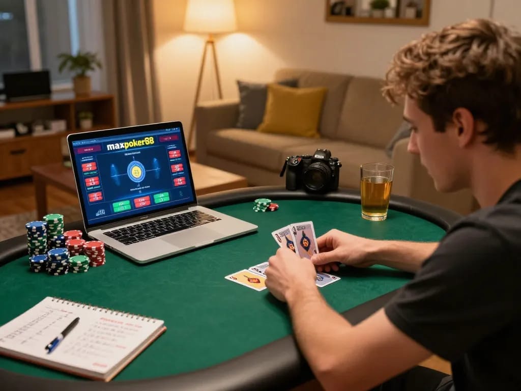 Maxpoker88 player engaging in online poker from home with chips and strategy notes.
