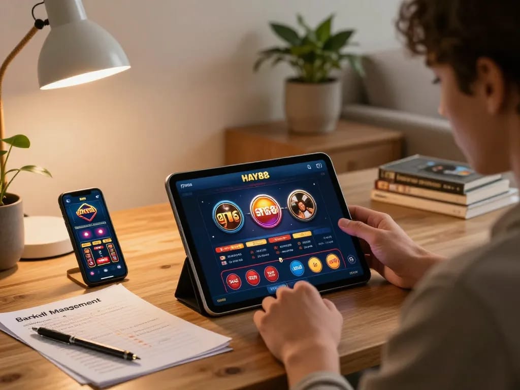 Engaging strategy session at home on hay88x tablet showcasing online casino gameplay in a cozy ambiance.