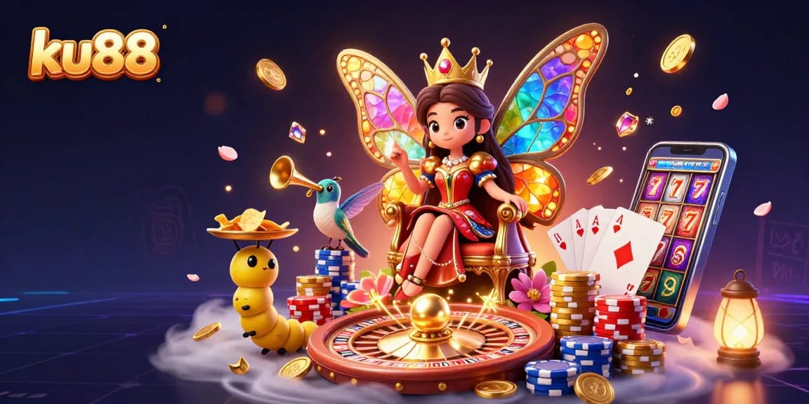 Experience the excitement of ku88 with a vibrant 3D casino illustration featuring a butterfly queen and gaming elements.