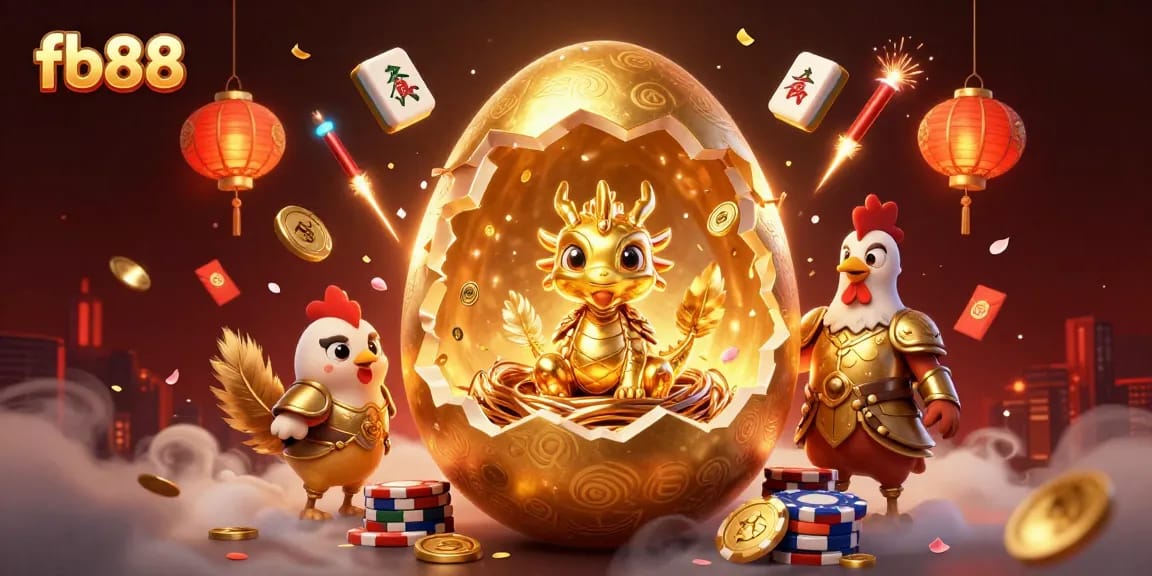 Experience fb88's thrilling gaming world with a golden dragon and poker chips in an enchanting illustration.