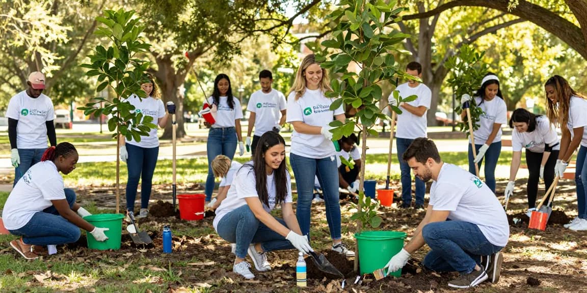 Volunteers engaging in community service for rokok88 login campaign, showcasing teamwork and enthusiasm in a vibrant park.