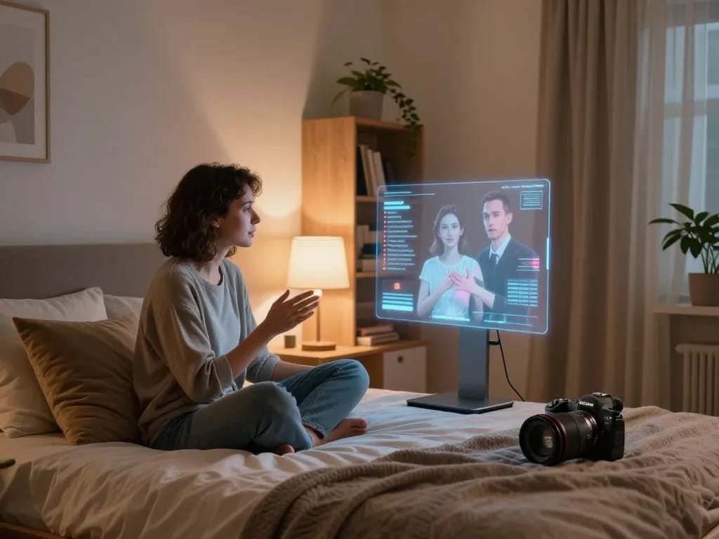 AI sex experience in a cozy bedroom with holographic companion interaction.