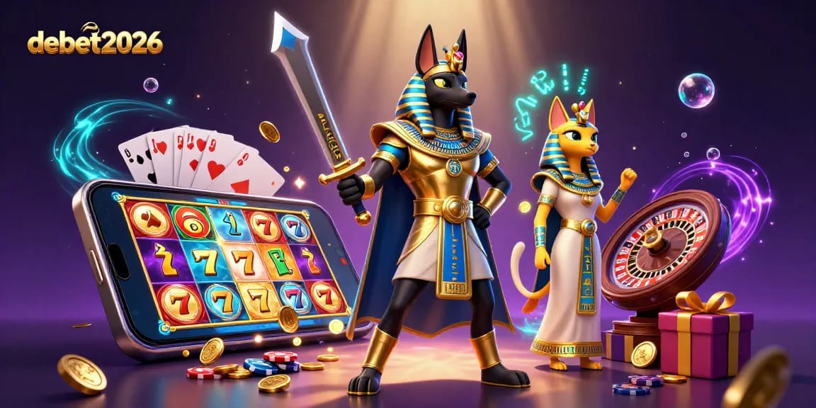 Play slots and win big with debet2026 in this vibrant digital illustration.