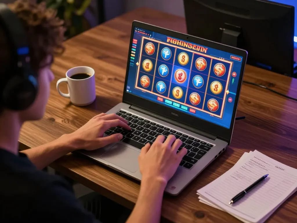 Engaging online gaming scene featuring a player on situs slot gacor with animated slot visuals and a cozy setup