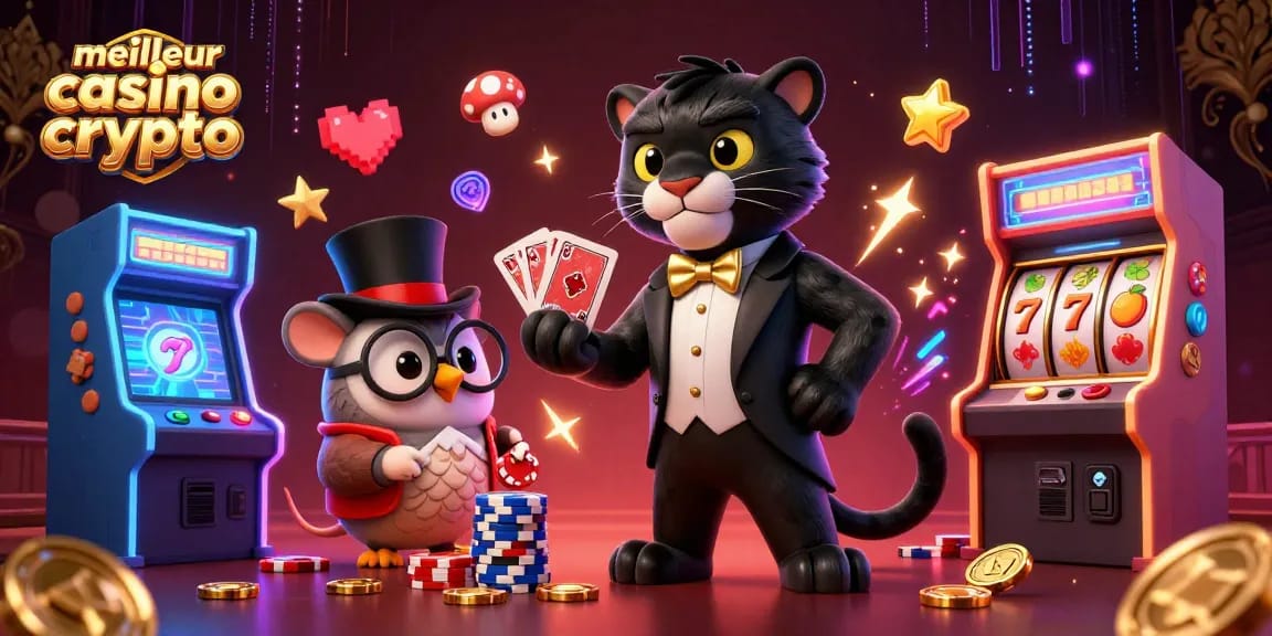 Jouer dans le meilleur casino crypto avec une illustration de panthère élégante et des éléments ludiques.
