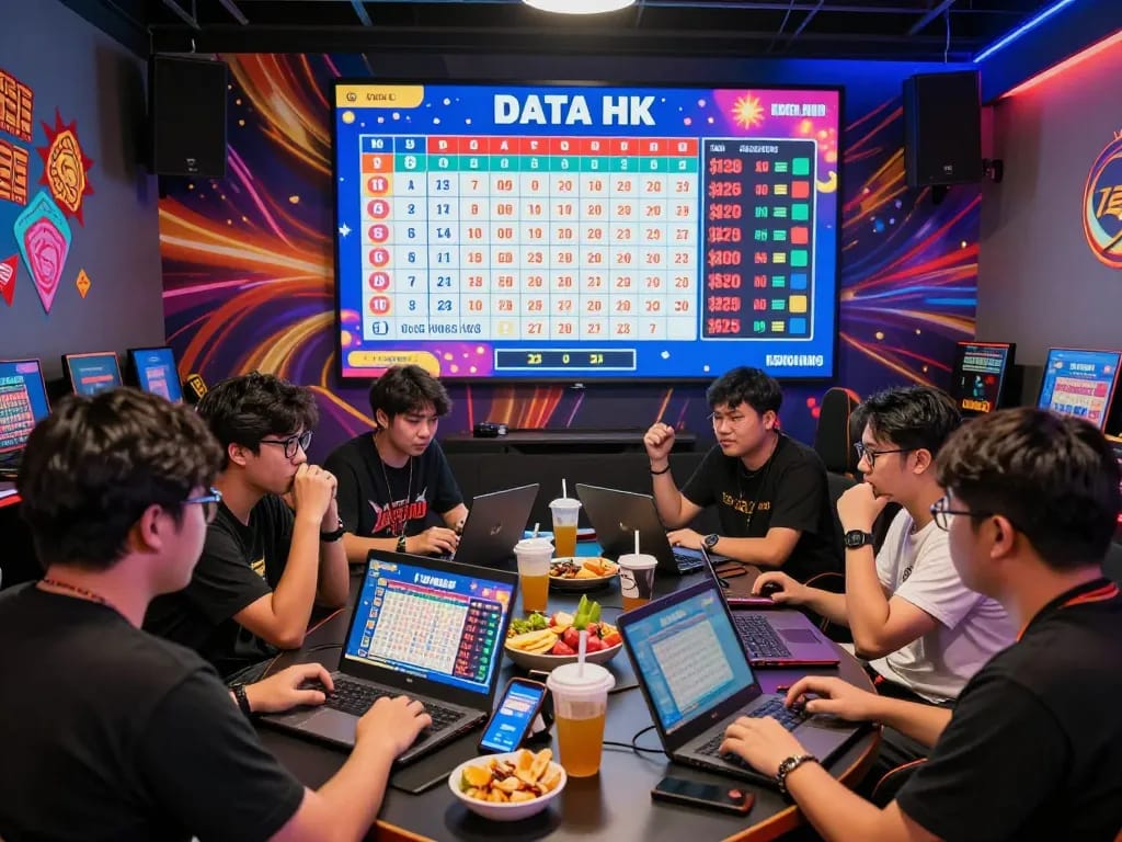 Exciting scene of players participating in Togel Hongkong live draw, showcasing Data HK results in a vibrant gaming lounge.