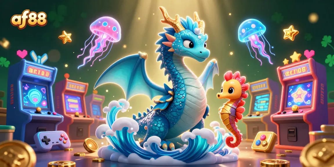 Play thrilling games at af88 featuring an azure dragon, knight seahorse, and neon jellyfish.