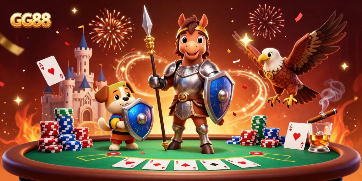 Engage in exhilarating gaming at GG88 with a knight, puppy, and falcon amidst poker action.