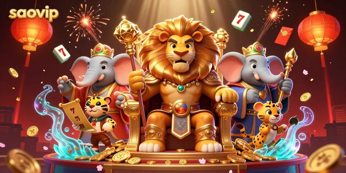 Experience saovip as a vibrant 3D casino scene with a majestic lion king and golden game elements.