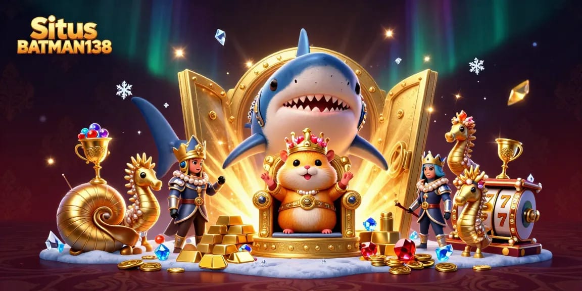 Situs BATMAN138 showcases a dynamic casino scene with a golden hamster king on a megalodon throne, surrounded by treasures and slot reels.