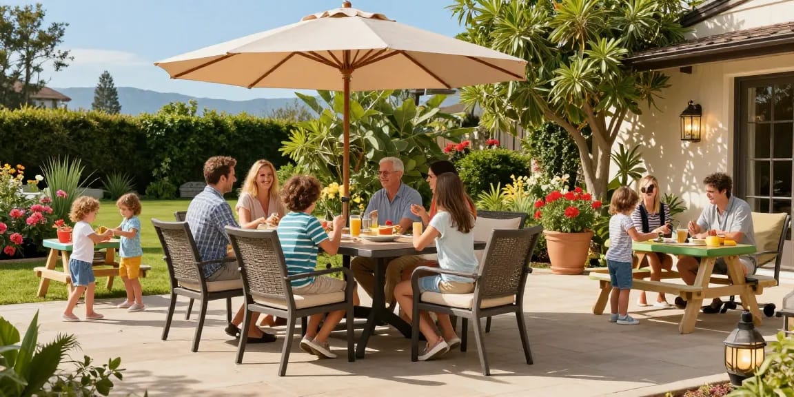 Bright outdoor scene featuring affordable patio furniture with a family enjoying the Bristol 9-Piece Dining Set.