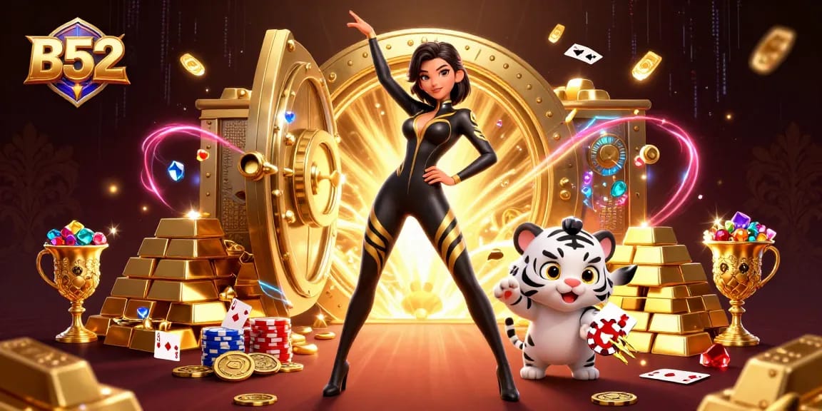 Join the excitement at B52 casino with a stunning woman and tiger celebrating at a poker table.