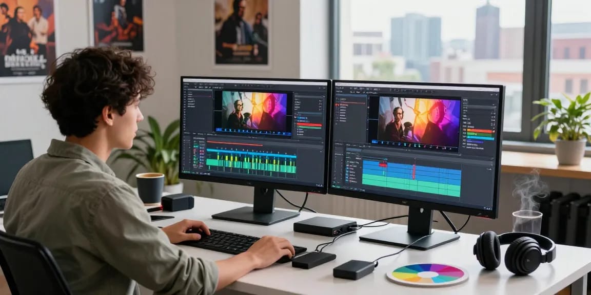 Learn color correction and cinematic grading in a vibrant video editing studio, showcasing tools and creativity.