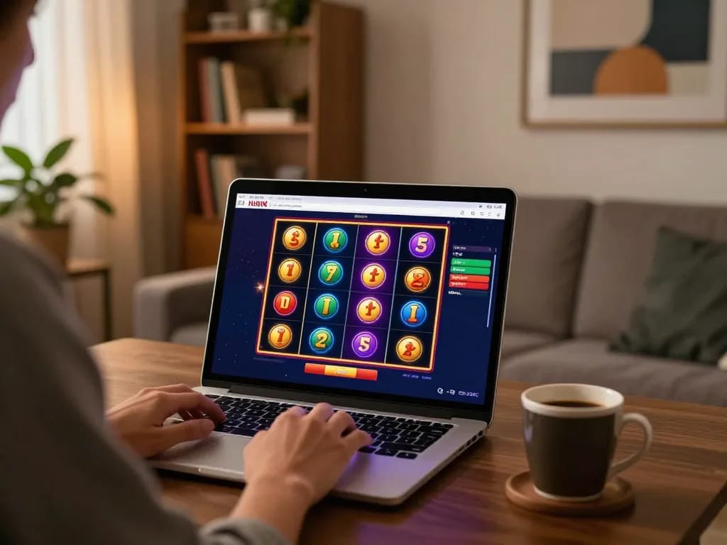Kuwin player engaging with an online slot game in a cozy home setting.