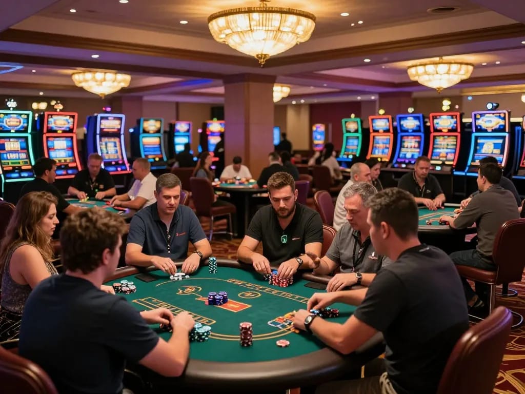 Players enjoying strategic gameplay at f168 casino tables under warm lighting, vibrant atmosphere captured.