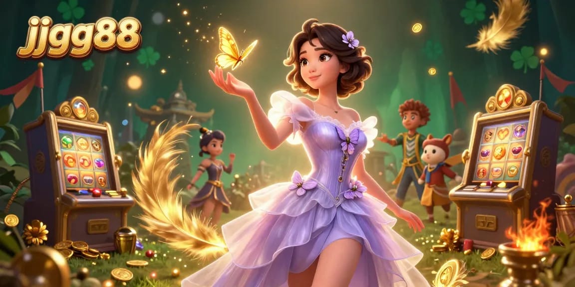 Engage in thrilling games at jjgg88, featuring a stunning Asian character celebrating over slot machines and golden tokens.