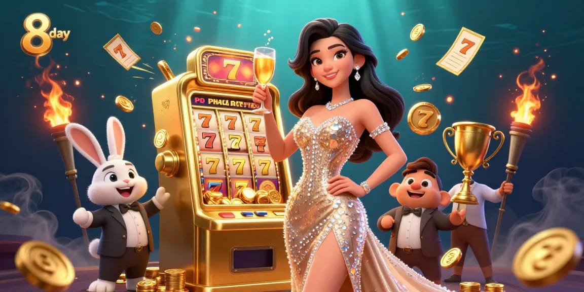 Spin the reels with 8 day excitement as a glamorous woman toasts next to a jackpot slot machine.