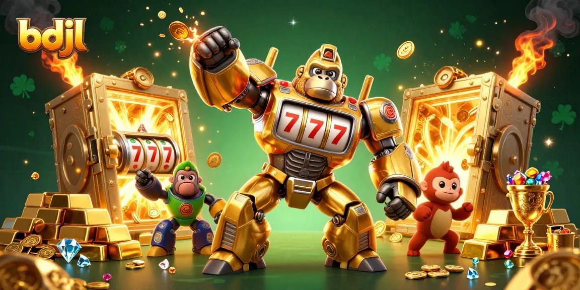 Experience excitement at bdjl with a dynamic gorilla mech and jackpot treasures in this vivid casino scene.