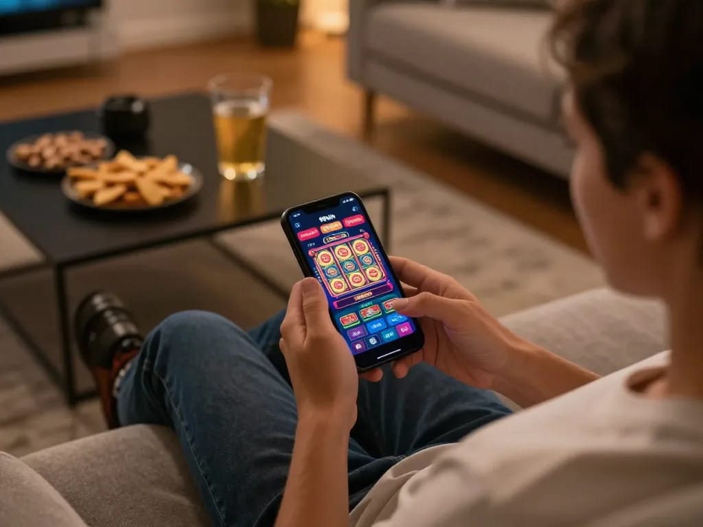 The app 98win displayed on a smartphone while a person enjoys a comfortable home gaming session.