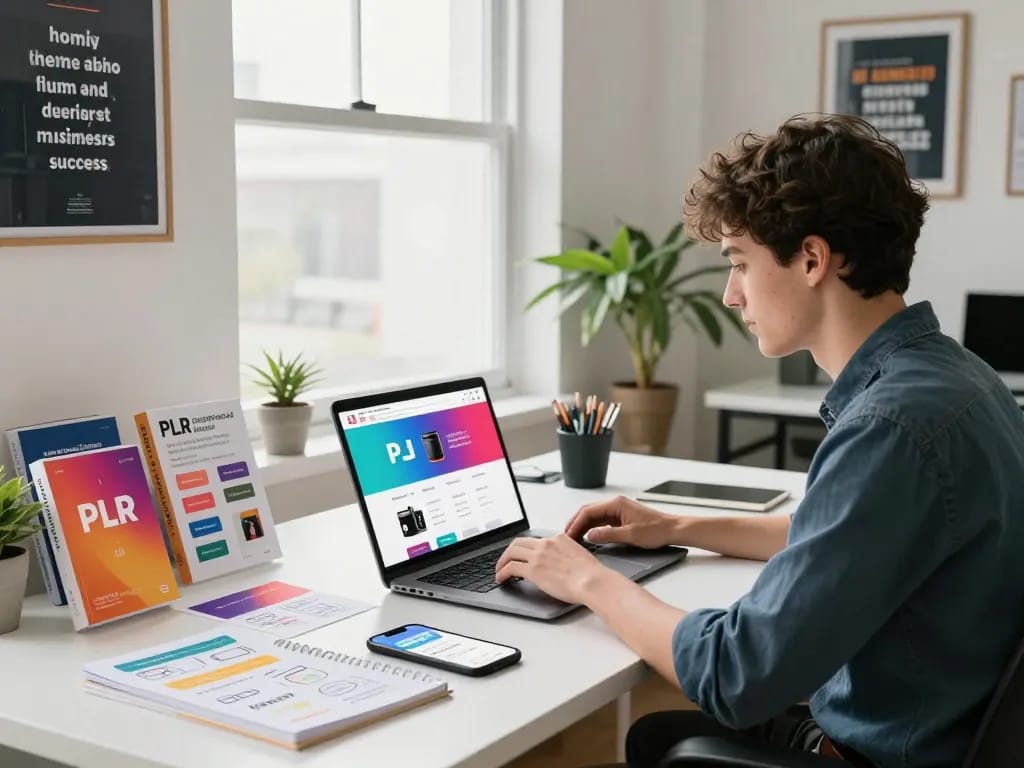 Buy PLR Products Online in a vibrant e-commerce workspace setting showcasing e-books and templates.