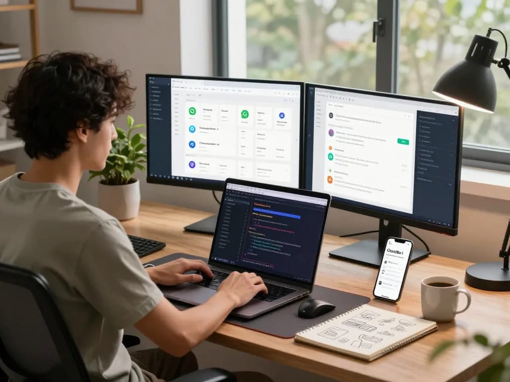 Developer using ClawdBot AI in a stylish, productive home office setting with multiple screens and integrated messaging apps.
