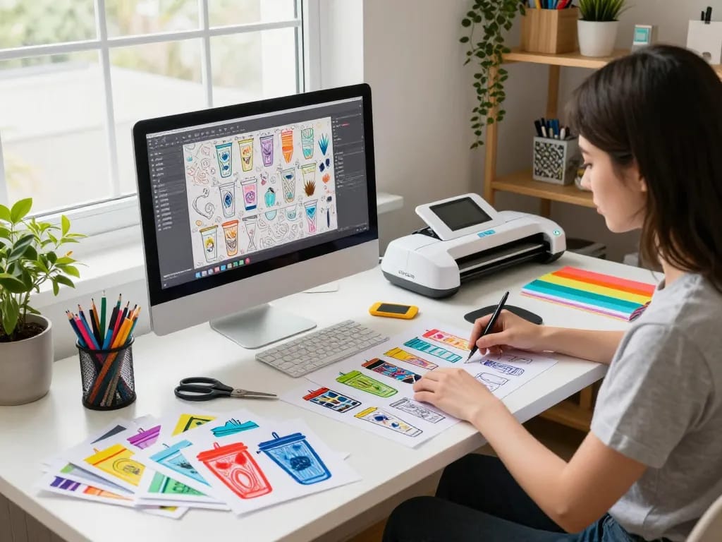 Designer crafting with Svg files and Cricut machine in a vibrant workspace.