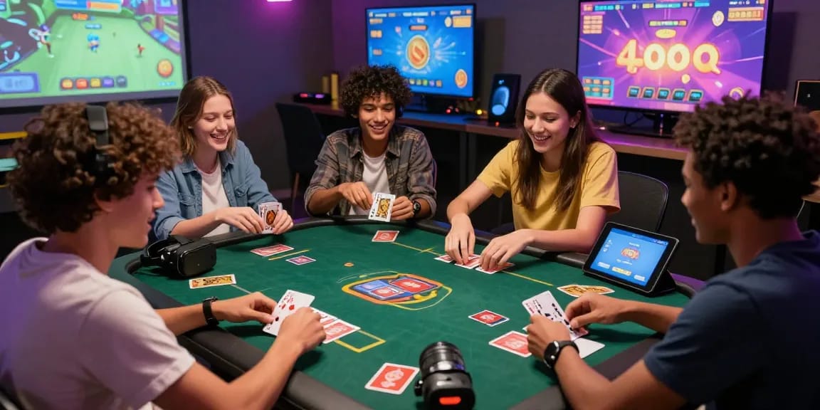 Yo88 gaming experience with friends enjoying card games and vibrant interfaces in a modern setting