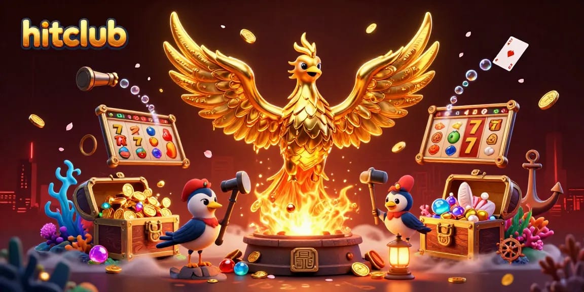 Experience the thrill of winning at hitclub with a golden phoenix amidst vibrant casino symbols.