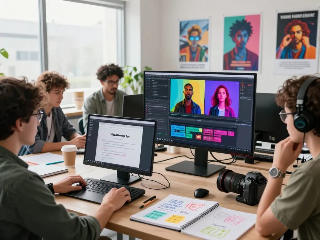 Video to prompt conversion process in a creative studio with digital creators analyzing AI-generated prompts.