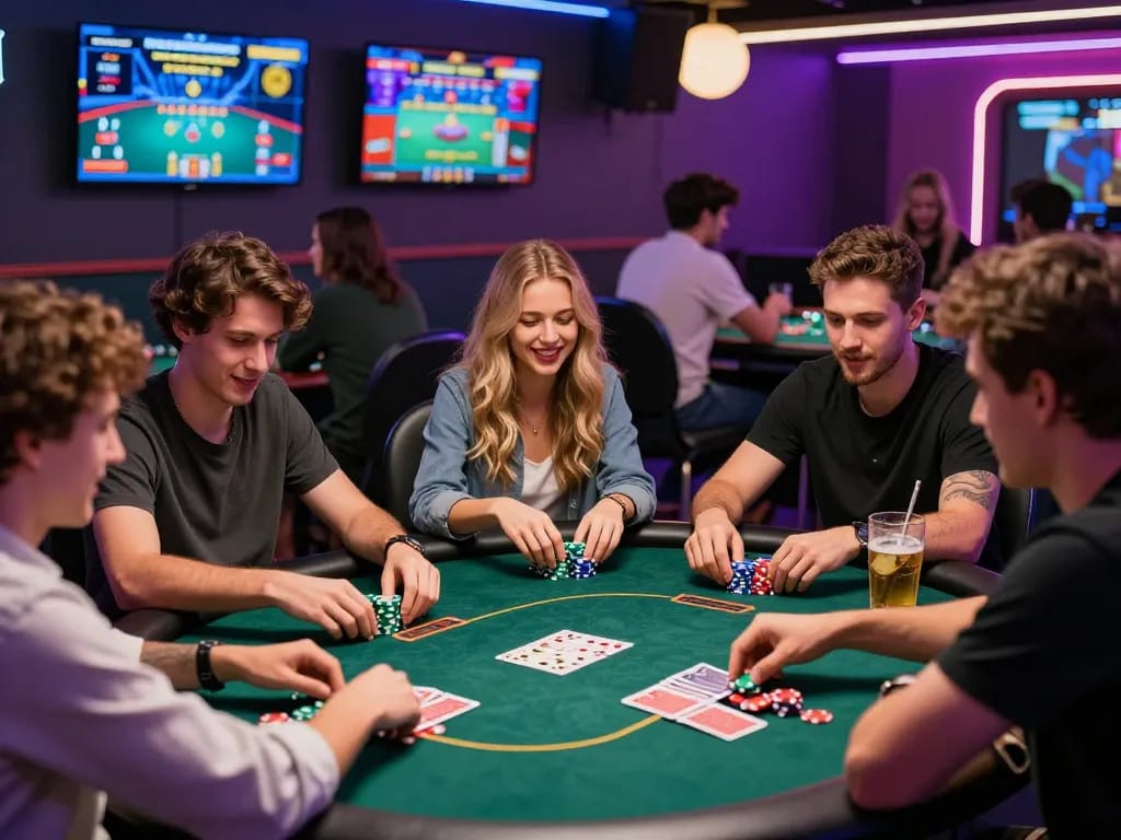 Exciting poker game at MM88 online casino with friends amid vibrant decor.