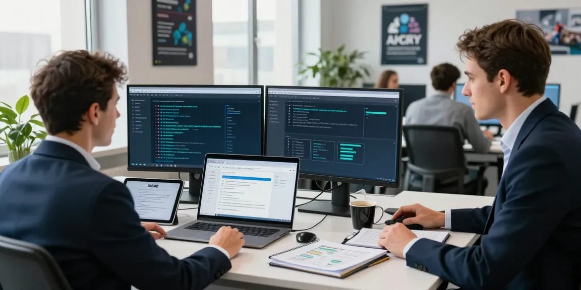 IT consultant reviewing iasme cyber essentials compliance in a bright workspace