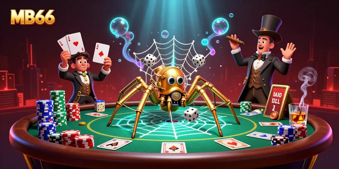 Experience thrilling moments at MB66, where a steampunk spider ensnares dice amidst a vibrant poker scene.