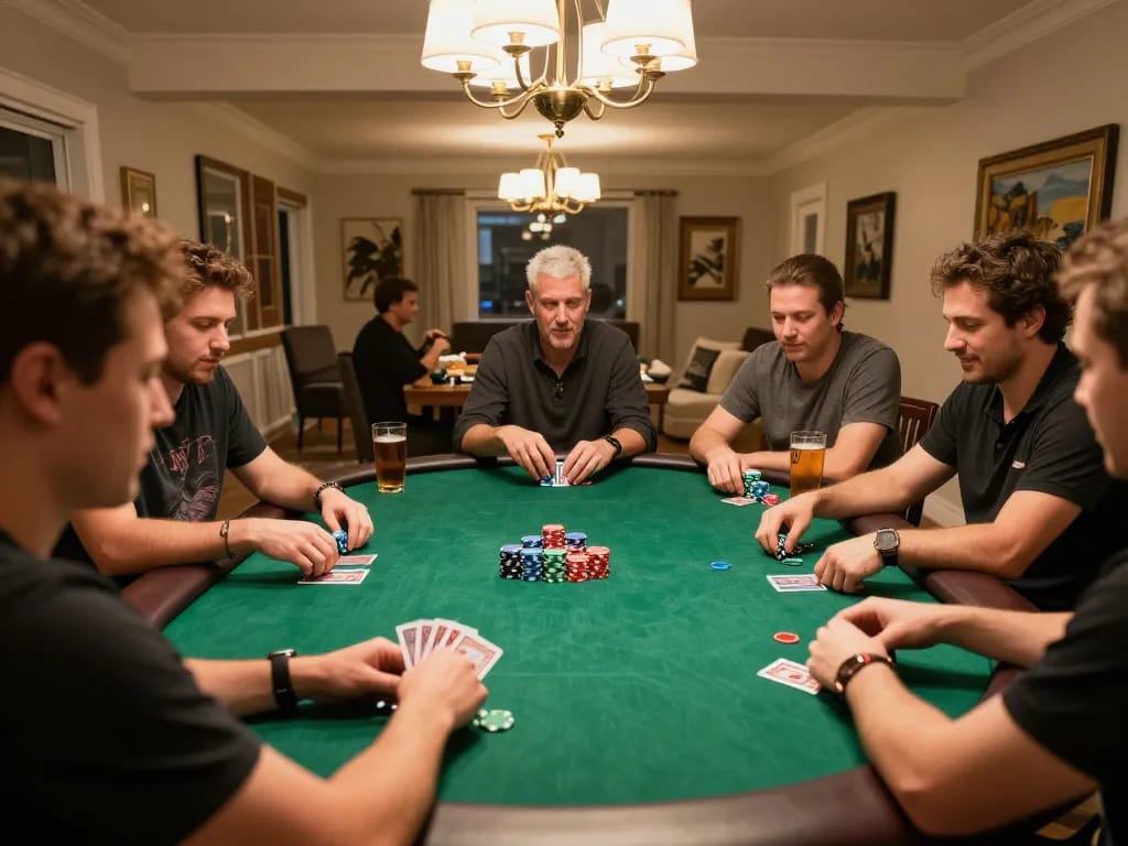 Players enjoying an exciting game of gojekpot poker together, showcasing chips and cards in action.