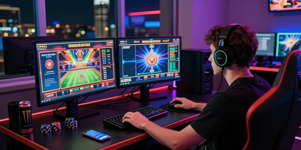 Exciting dynamic scene of a player engaged in slot deposit 5000 gaming with vibrant graphics and high-energy atmosphere.