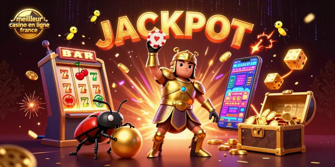 Profitez du meilleur casino en ligne France avec une illustration vibrante de jackpots et d'énergie.