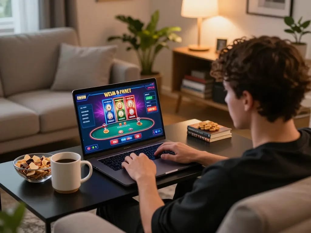 Player engaged in an online gaming session on rokok88, showcasing vibrant poker interface and snacks nearby.