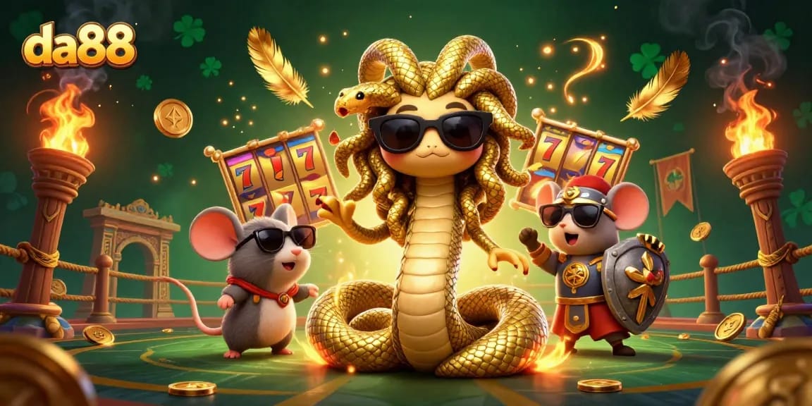 Spin to win with da88’s charming Medusa and warrior mouse in a vibrant casino scene!