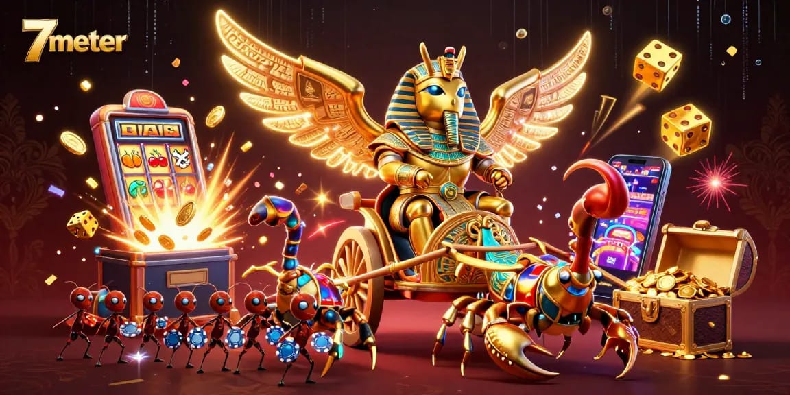 Bet on your future with 7meter in this colorful casino scene featuring golden characters.