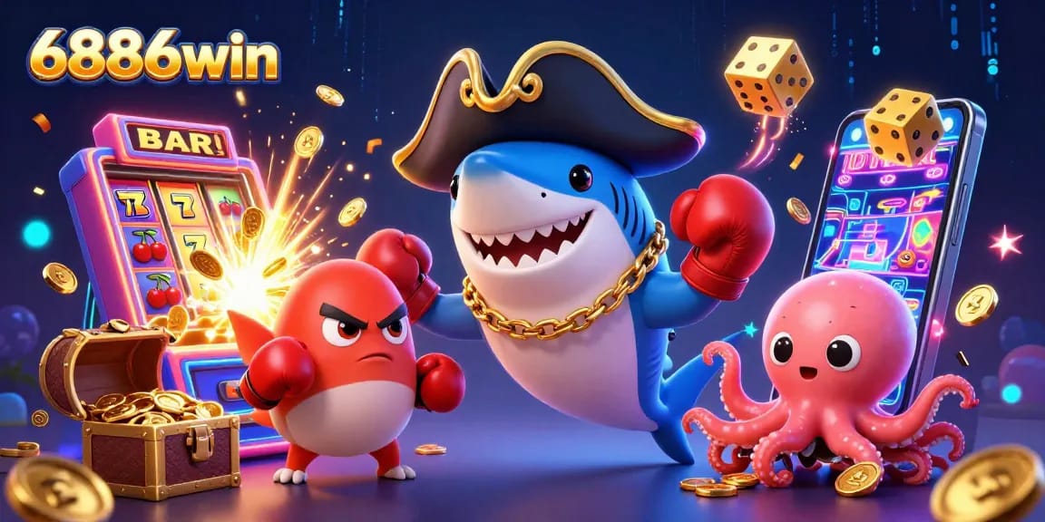 Engage with the excitement of 6886win through this vibrant 3D cartoon illustration featuring playful characters amidst casino-themed elements.