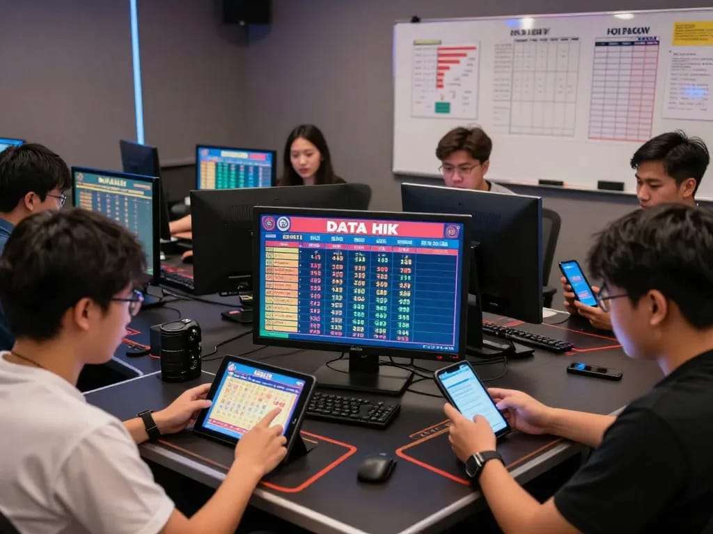 Players analyzing Data HK results in a dynamic online gambling atmosphere.