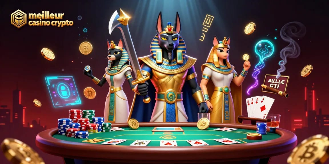 Vivez l'expérience du meilleur casino crypto avec Anubis et Bastet entourés de jetons et d'éléments blockchain.