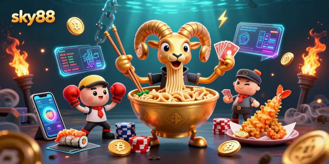 Engage with sky88's thrilling gaming scene featuring a colorful 3D casino illustration.