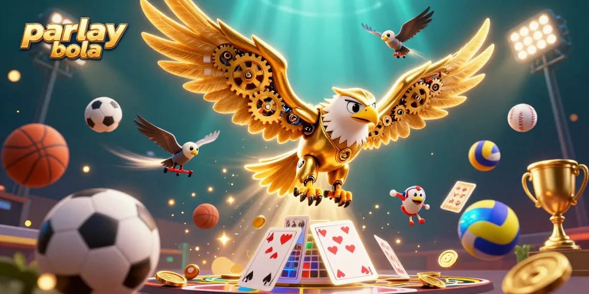 Engage in parlay bola with a cybernetic eagle soaring through dynamic sports elements and illuminating odds.