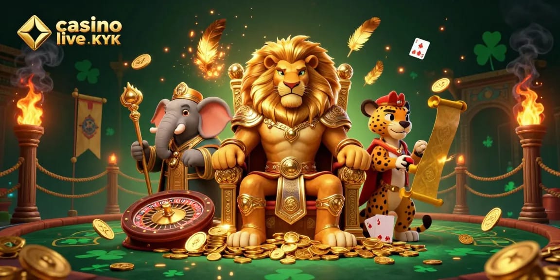 Découvrez le casino live sans KYC avec un roi lion, un éléphant sage, et un guépard messager au cœur d'un château de jeux.