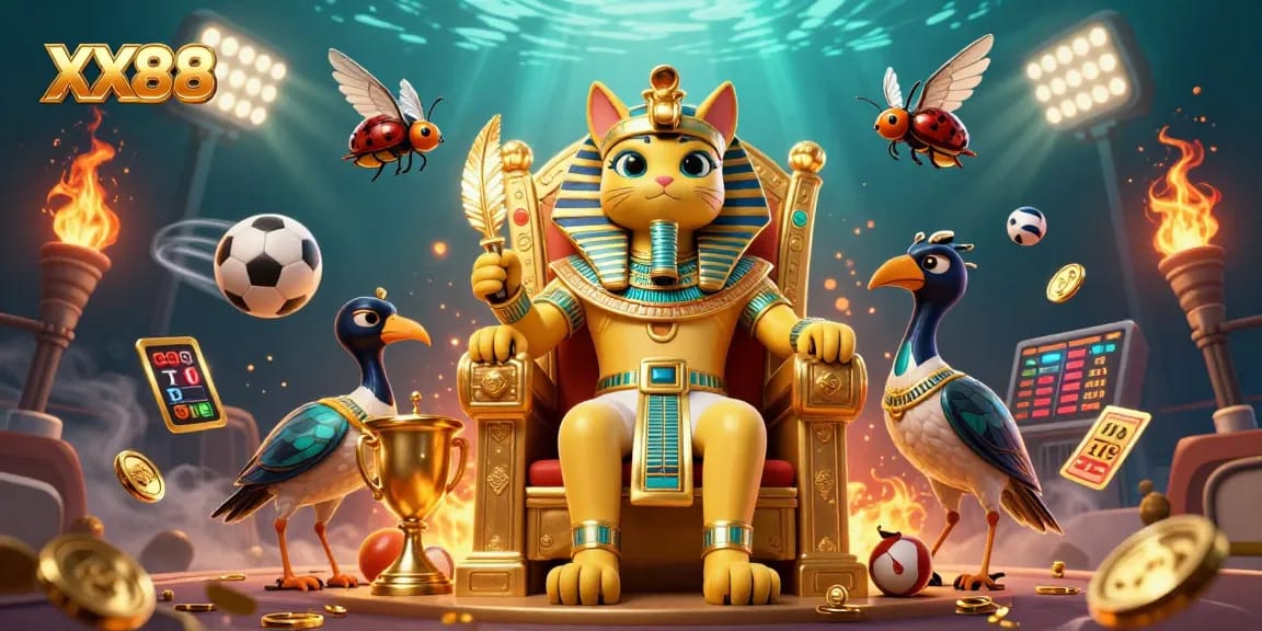 Engage with thrilling sports betting action at XX88, featuring dynamic game elements and a vibrant pharaoh cat.