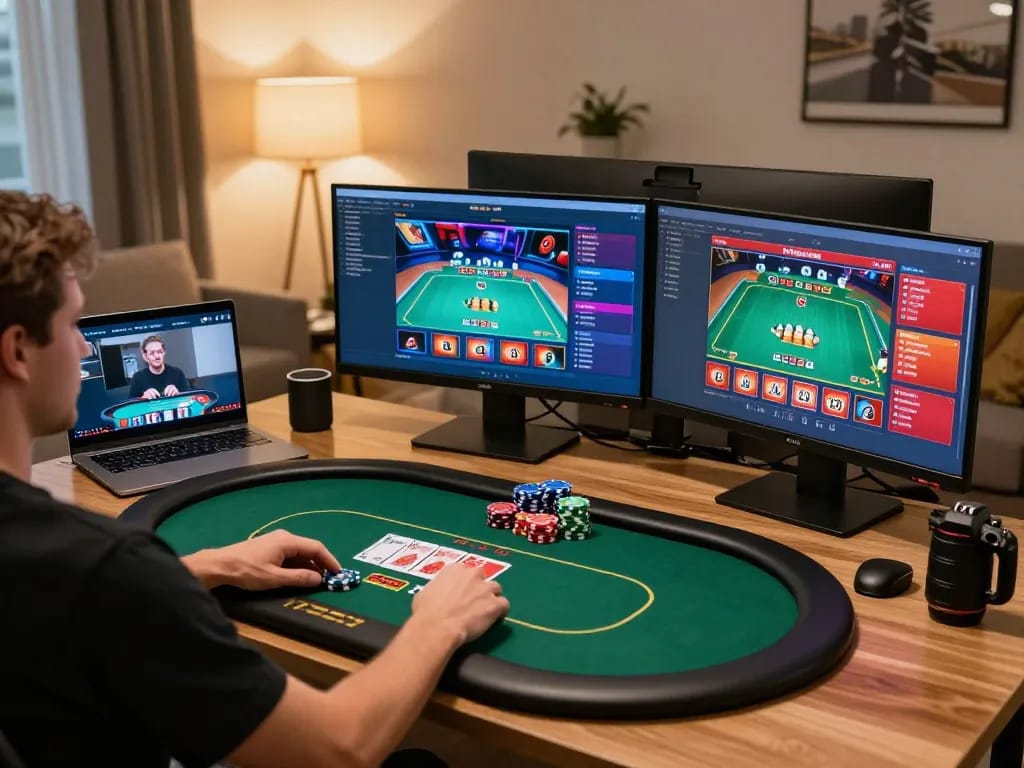 Person strategizing poker gameplay at the best online casinos in Canada using a modern desktop setup.