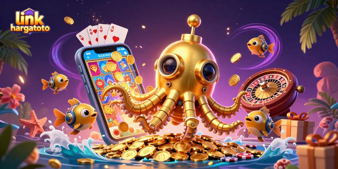 Play exciting games with link hargatoto as the golden kraken navigates through coins in a vibrant casino scene.