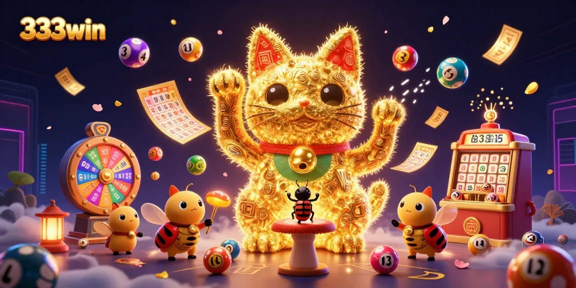 Experience the vibrant 333win gaming world with dynamic visuals of a lucky cat and casino symbols.