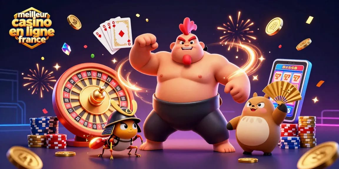 Illustrer le meilleur casino en ligne France avec un sumo, un criquet samouraï et un tanuki annonçant des gains.