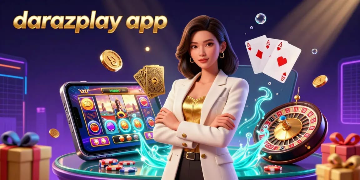 Engage with the darazplay app in an exciting digital casino environment featuring vibrant slot games and golden cards.